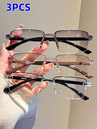 3 pièces Ensemble de lunettes carrées classiques sans cadre, +1.0 à +4.0, pour accessoires pour femmes
