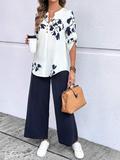 EMERY ROSE Ensemble deux pièces élégant de style navette avec chemise longue et pantalon pour femmes