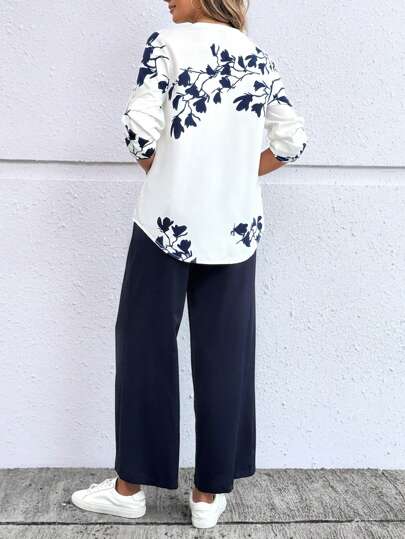 EMERY ROSE Ensemble deux pièces élégant de style navette avec chemise longue et pantalon pour femmes