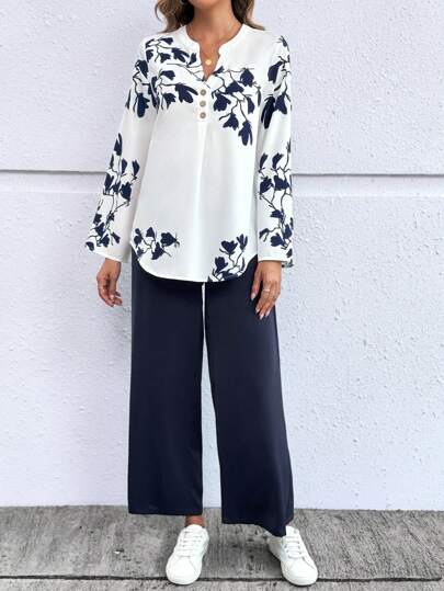 EMERY ROSE Ensemble deux pièces élégant de style navette avec chemise longue et pantalon pour femmes