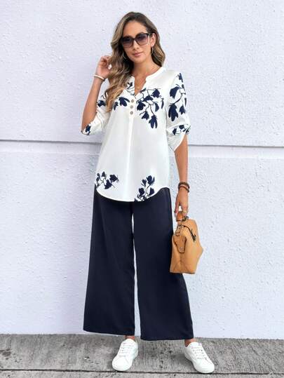 EMERY ROSE Ensemble deux pièces élégant de style navette avec chemise longue et pantalon pour femmes