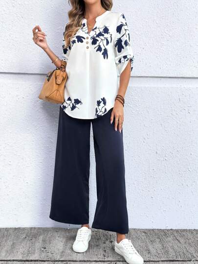 EMERY ROSE Ensemble deux pièces élégant de style navette avec chemise longue et pantalon pour femmes