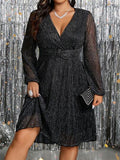 DreamSkyne Robe longue élégante à col en V pailletée, manches longues, grande taille, automne