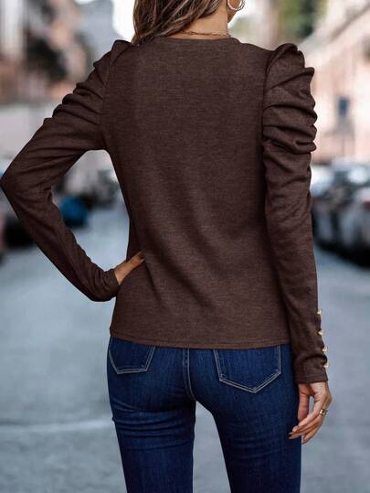 EMERY ROSE T-shirt à manches gigot monocolore minimaliste pour femme, port quotidien