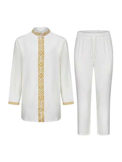 Costume 2 pièces pour hommes Disqoir, veste de costume à col rond et pantalon, couleur unie avec broderie, manches longues, costume de mariage africain