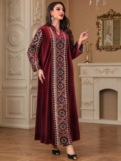 Solessence Abaya musulmane robe longue en velours à col en V pour femme, élégante et modeste. Caftan marocain, saoudien, de Dubaï, kebaya de style