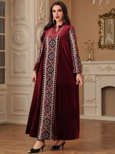 Solessence Abaya musulmane robe longue en velours à col en V pour femme, élégante et modeste. Caftan marocain, saoudien, de Dubaï, kebaya de style