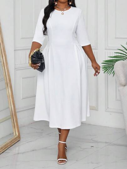 Fleurora Robe longue à manches longues blanche en tricot élégante pour femmes rondes, pour l'automne et l'hiver. Robe de bal de mascarade élégante à col rond et manches longues fluides pour grande taille
