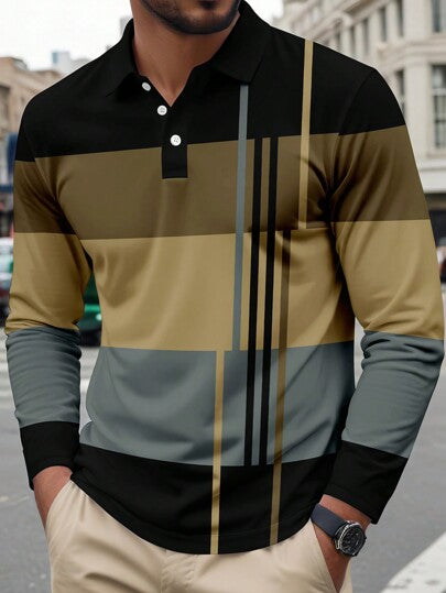 Polo décontracté pour hommes à rayures bicolores, léger, manches longues, printemps/automne