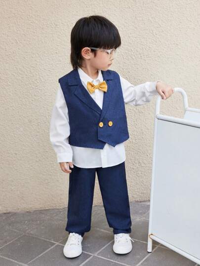 Achetez-en 2, obtenez-en 1 gratuitement Chemise à manches longues avec col et cravate, top, gilet et pantalon, ensemble gentleman pour jeunes garçons au style vestimentaire scolaire décontracté, confortable, simple et polyvalent. Tenue adaptée pour l'anni