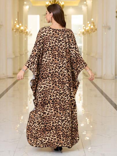 Robe longue ample bohème pour femme, imprimé léopard, manches chauve-souris, col en V, élégante, printemps et automne