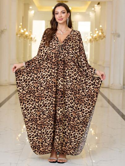 Robe longue ample bohème pour femme, imprimé léopard, manches chauve-souris, col en V, élégante, printemps et automne