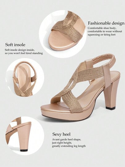 Sandales à talons hauts et plateforme pour femmes, couleur champagne charmante, sangles croisées tressées fraîches, bride de cheville, talon épais, semelle épaisse, sandales romaines