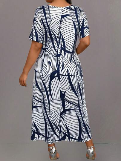 EMERY ROSE Robe décontractée longue à imprimé intégral, col rond, manches courtes, grande taille, pour femmes, pour l'été