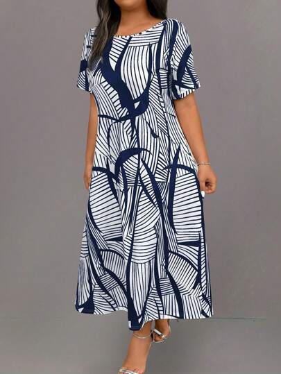 EMERY ROSE Robe décontractée longue à imprimé intégral, col rond, manches courtes, grande taille, pour femmes, pour l'été
