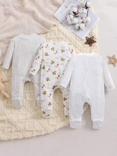 Barboteuse en tricot à manches longues avec col oblique, motif ourson mignon pour bébé garçon, confortable