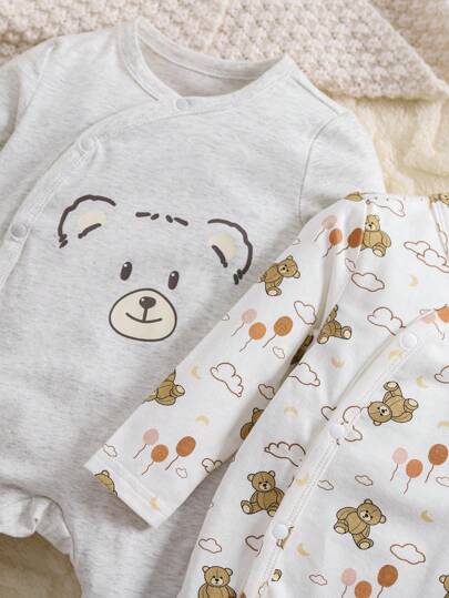 Barboteuse en tricot à manches longues avec col oblique, motif ourson mignon pour bébé garçon, confortable