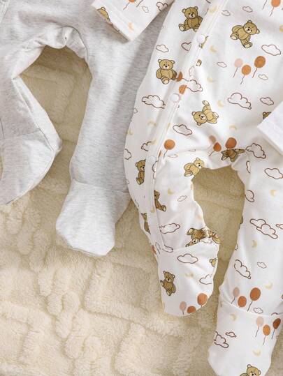 Barboteuse en tricot à manches longues avec col oblique, motif ourson mignon pour bébé garçon, confortable