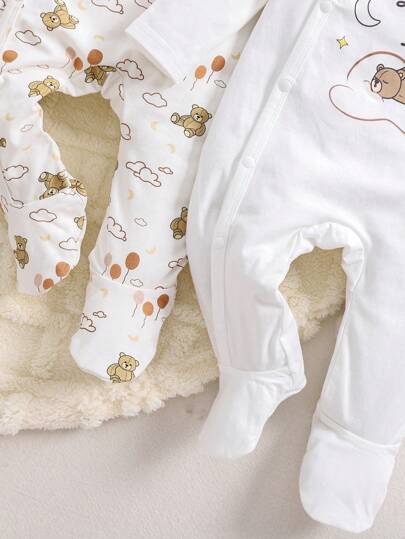 Barboteuse en tricot à manches longues avec col oblique, motif ourson mignon pour bébé garçon, confortable