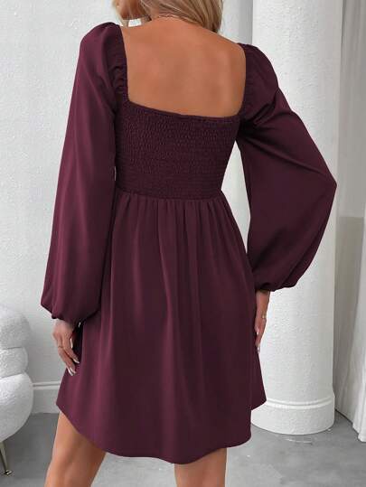 EMERY ROSE Robe élégante à manches lanternes avec taille cintrée, col carré, couleur unie, pour l'automne