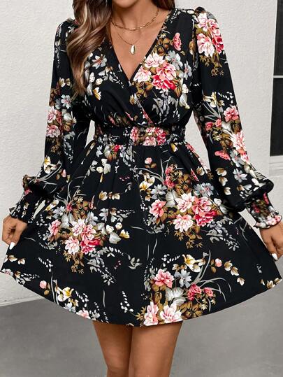 Clasi Robe de dame romantique à col V élégante avec imprimé floral