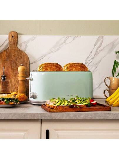 Cecotec Toast&Taste 1600 Retro Double Blue 4-Slice Toaster. 1630 W, 2 Wide and Long Slots of 3.8 cm, Stainless Steel, Upper Heating Rods, Adjustable Power, Crumb Tray