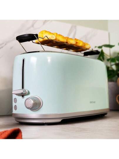 Cecotec Toast&Taste 1600 Retro Double Blue 4-Slice Toaster. 1630 W, 2 Wide and Long Slots of 3.8 cm, Stainless Steel, Upper Heating Rods, Adjustable Power, Crumb Tray