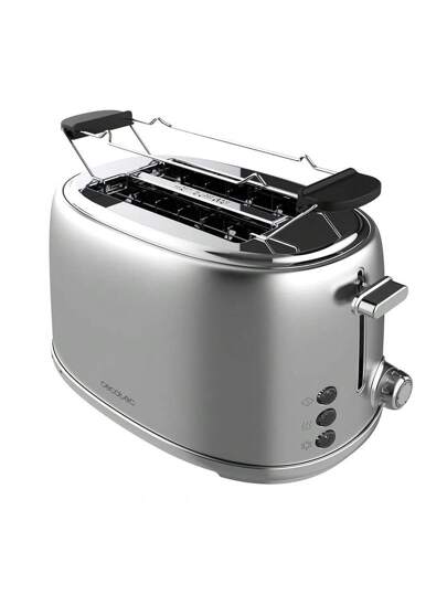 Cecotec Toast&Taste 1000 Retro Double Inox est un grille-pain vertical avec 2 fentes larges et courtes de 3,8 cm en acier inoxydable. Puissance de 980 W, des barres supérieures, puissance réglable