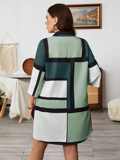 LUNE Robe chemise décontractée ample à manches retroussées à carreaux pour femmes grandes tailles, tenue de vacances verte d'automne, robe de fête pour grandes tailles