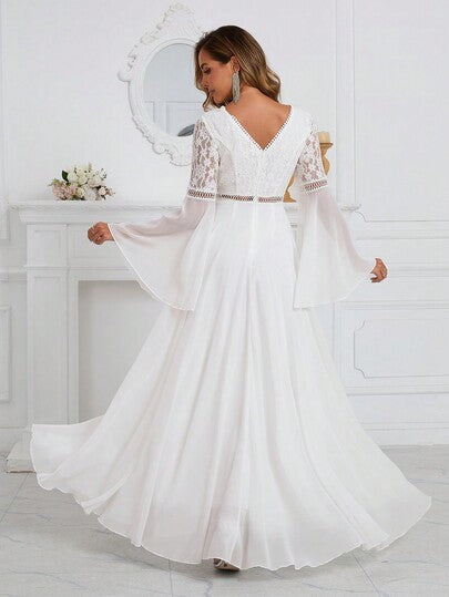 Robe longue maxi à manches longues en dentelle et mousseline romantique, robe de mariée, pour la Saint-Valentin, mariage, élégante, printemps, blanc, automne