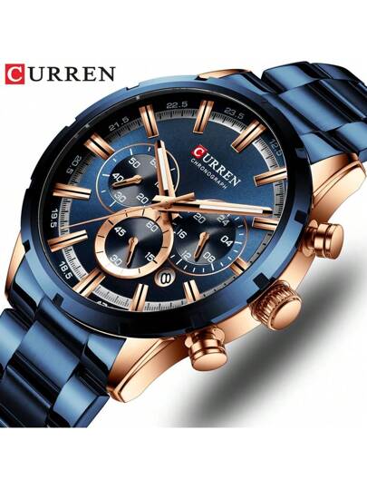 Curren Montre quartz en acier inoxydable pour hommes actuel avec chronographe multifonction et résistance à l'eau pour le papa
