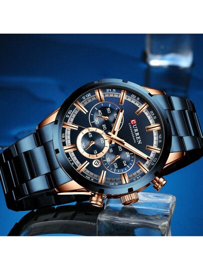 Curren Montre quartz en acier inoxydable pour hommes actuel avec chronographe multifonction et résistance à l'eau pour le papa