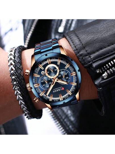 Curren Montre quartz en acier inoxydable pour hommes actuel avec chronographe multifonction et résistance à l'eau pour le papa