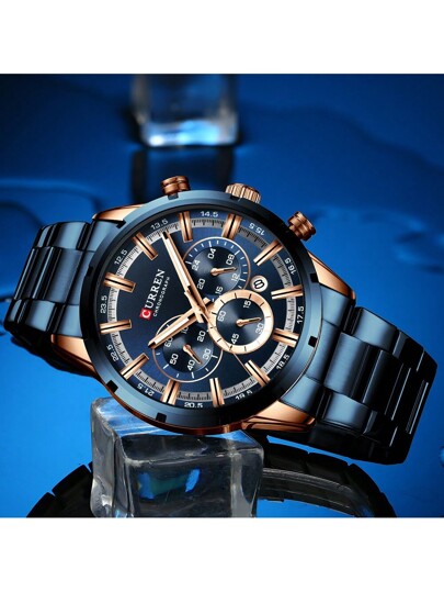 Curren Montre quartz en acier inoxydable pour hommes actuel avec chronographe multifonction et résistance à l'eau pour le papa