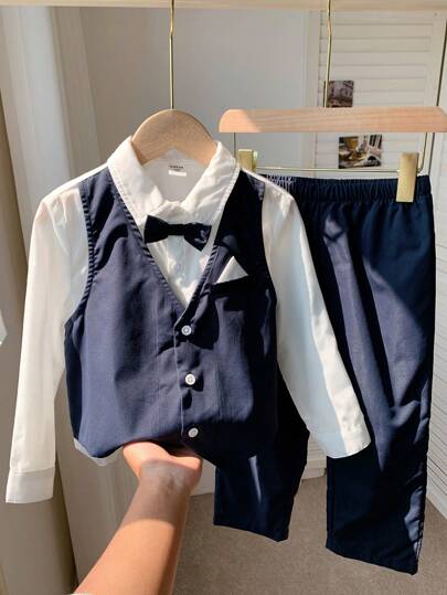 2 pièces Costume de gentleman décontracté et preppy pour jeune garçon, ensemble 2 en 1 composé d'un gilet à manches longues, d'un pantalon long et d'une cravate. Tenue de cérémonie pour mariage, spectacle, fête, festival. Convient pour les sorties, le str