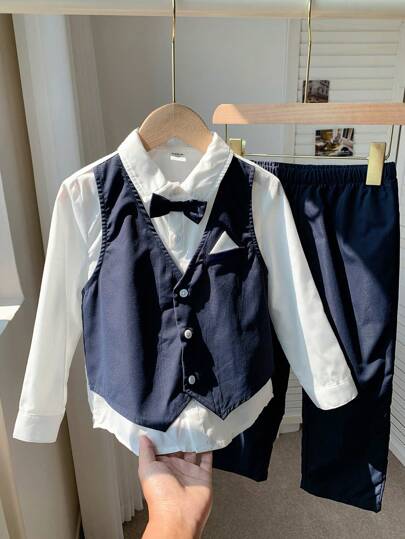 2 pièces Costume de gentleman décontracté et preppy pour jeune garçon, ensemble 2 en 1 composé d'un gilet à manches longues, d'un pantalon long et d'une cravate. Tenue de cérémonie pour mariage, spectacle, fête, festival. Convient pour les sorties, le str