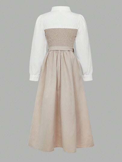 Robe mini élégante à manches longues pour fille préadolescente avec col de chemise, design 2 en 1, parfaite pour un port décontracté et quotidien au printemps et en automne