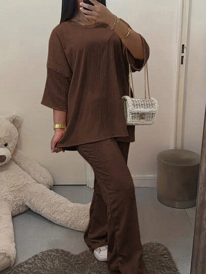 INAWLY 2 pièces Ensemble Top col rond et pantalon de couleur unie décontracté pour femmes