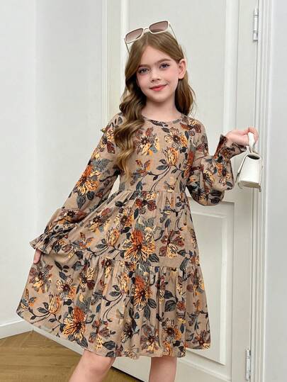 Robe à manches longues bouffantes avec col rond volant, imprimé floral, pour les préadolescentes. Tenue d'automne-hiver pour un usage quotidien