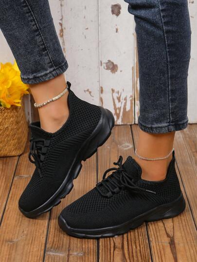 Chaussures de sport en tissu à enfiler pour femmes avec lacets avant et décoration de maille, pour la course en extérieur, le gymnase. Légères et confortables pour toutes les saisons
