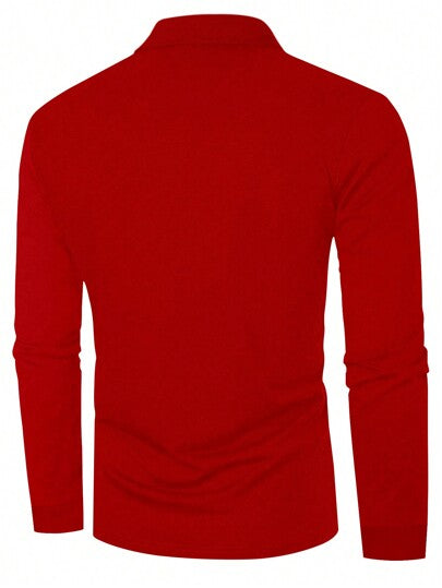 1 pièce Chemise polo à manches longues avec col boutonné, imprimé unicolore, style décontracté, convient pour le printemps et l'automne
