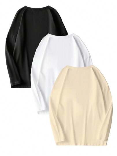 3 pièces/Paquet T-shirts à manches longues basiques imprimés de lettres pour hommes, tee-shirt d'automne, vêtements d'automne