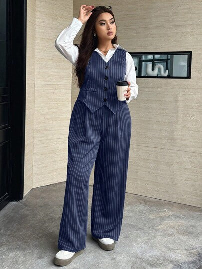 Easura Ensemble de 2 pièces pour femmes grande taille, composé d'un gilet à rayures simple boutonnage et d'un pantalon, tenue décontractée convenant pour le travail et le quotidien