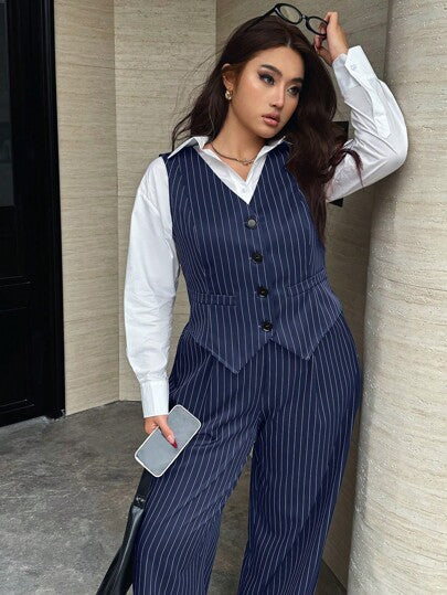 Easura Ensemble de 2 pièces pour femmes grande taille, composé d'un gilet à rayures simple boutonnage et d'un pantalon, tenue décontractée convenant pour le travail et le quotidien