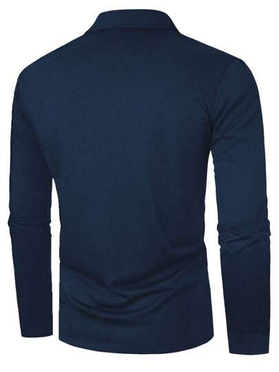 1 pièce Chemise polo à manches longues avec col boutonné, couleur unie imprimée, style décontracté, convient pour le printemps et l'automne, pour l'automne