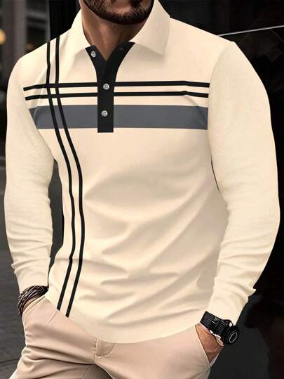 1 pièce Chemise polo à manches longues avec col boutonné, imprimé couleur unie, décontractée, convient pour le printemps et l'automne, pour l'automne