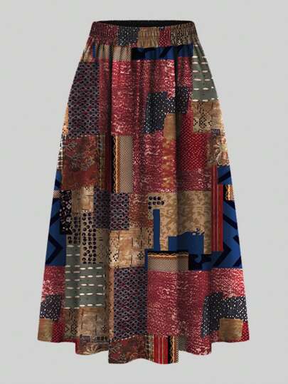 Jupe élastique à taille haute pour femmes en grande taille, de style vintage, asymétrique, avec impression graphique aléatoire