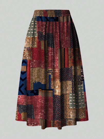 Jupe élastique à taille haute pour femmes en grande taille, de style vintage, asymétrique, avec impression graphique aléatoire