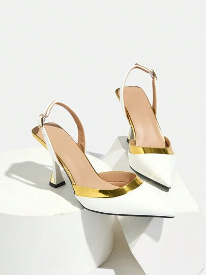 Talons hauts blancs pour femmes, sandales blanches confortables pour l'été, talons hauts bicolores classiques à bout pointu avec bride arrière à la mode et talon ouvert, chaussures élégantes pour femmes, chaussures à talons kitten pour femmes, sandales d'