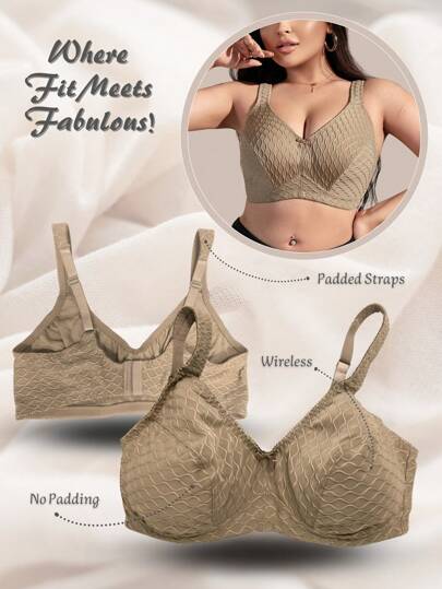 Soutien-gorge sans fil pour femmes de grande taille, doux et confortable, jacquard ondulé, décoration de nœud, éponge douce et bretelles réglables